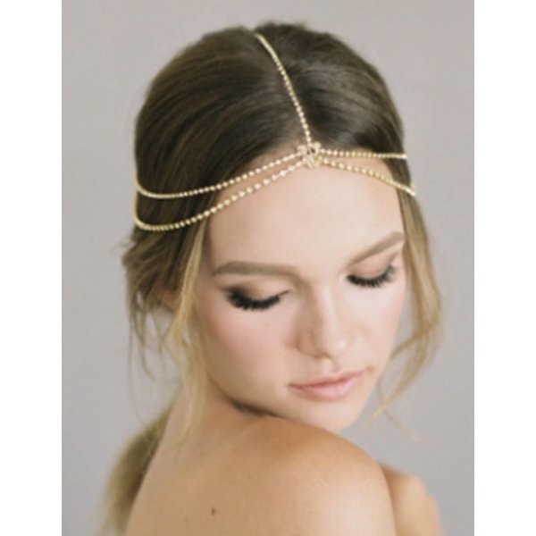 Jumwrit Dainty Layered Rhinestone Head Chain for Teens Bohemian Forehead Bridal Headpiece Wedding Hair Accessories for Women and Girls(Gold）