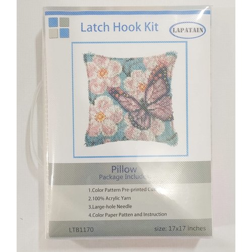 LAPATAIN Latch Hook Kits for DIY Throw Pillow Cover,Purple Butterfly Needlework Cushion Cover Hand Craft Crochet for Great Family 17x17inch