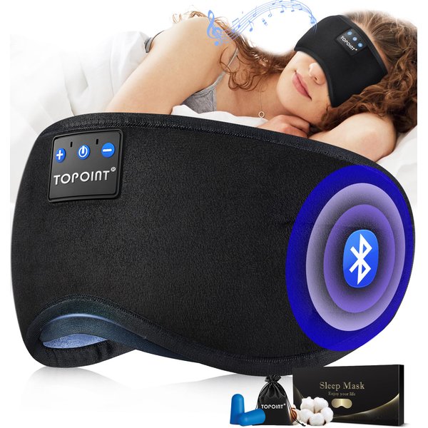 TOPOINT Sleep Mask with Headphones Bluetooth 5.2 Wireless, Sleep Headphone with Microphone Built-in HD Speakers Music, Eye Mask for Sleeping Travel Meditation for Men Women Girl Cool Gadgets