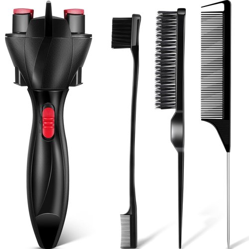 Tioncy 4 Pcs Automatic Hair Braider Set, Includes Electronic Hair Twister Double Sides Edge Brush Bristle Brush and Pin Tail Comb, DIY Hair Braiding Machine Hair Roller Tool for Women