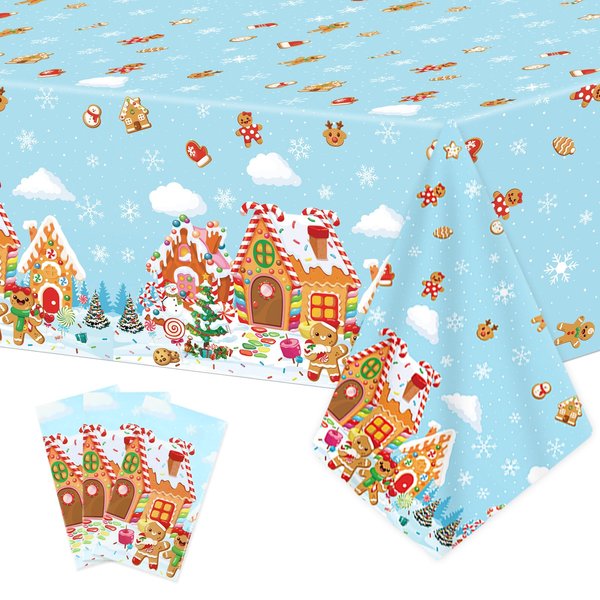 chiazllta 3pcs Christmas Gingerbread Party Tablecloths Gingerbread Man Cookie Party Plastic Table Cover Winter Snowflake Birthday Party Supplies for Xmas Holiday Party Decorations 108x54 Inch