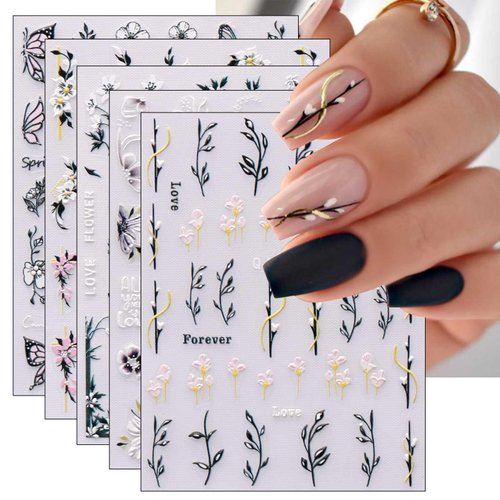 JMEOWIO 6 Sheets 3D Embossed Spring Flower Nail Art Stickers Decals Self-Adhesive Pegatinas Uñas 5D Colorful Summer Leaf Floral Nail Supplies Nail Art Design Decoration Accessories