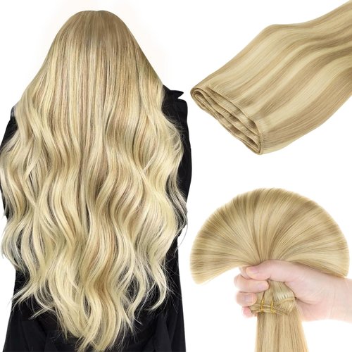 DOORES Weft Extensions Sew in Hair Extensions Real Human Hair, Drity Blonde Highlight Golden Blonde 24 Inch 120g, Hair Weft Extensions, Sew in Hair Extensions Real Human Hair