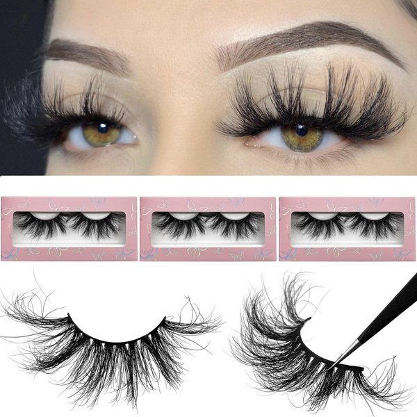 Russian Curl Mink Lashes Bulk 25mm Lashes Fluffy Yasnai Eyelashes, Real Mink Lashes 3 Pairs Pack 9D Dramatic Long 25 mml EyeLashes