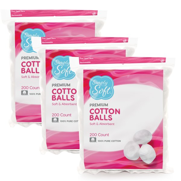 Simply Soft Premium Cotton Balls, 100% Pure Cotton, Absorbent, 200 Count (Pack of 3)