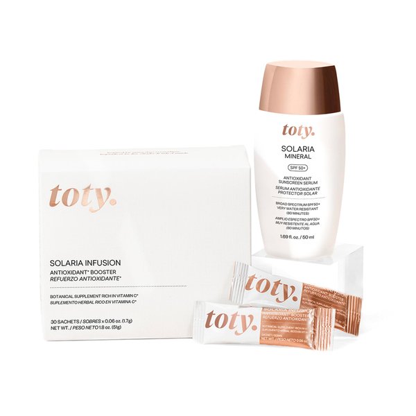 Toty - Solaria Mineral SPF 50+ Antioxidant Sunscreen Serum & Solaria Infusion Antioxidant Booster Supplement Pack - Broad Spectrum Tinted Sunscreen - Antioxidant Daily Ingestible - 50ml & 30 Sachets