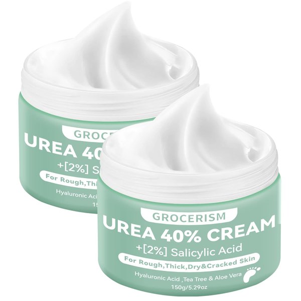 Grocerism 2 Packs Urea Cream 40% Plus 2% Salicylic Acid 5.30 oz || Foot Cream Maximum Strength with Hyaluronic Acid, Tea Tree, and Aloe Vera for Deep Moisturizes, Callus Remover and Soften