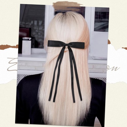 Ambesi Ribbon Hair bow Clips, Black Milky White Long Tail French Hair Bows, Hair Clips Tassel Ribbon Bow for Women Girl, Bow Hair Barrette Dress Up Accessories for Birthday/Party/Show/Christmas