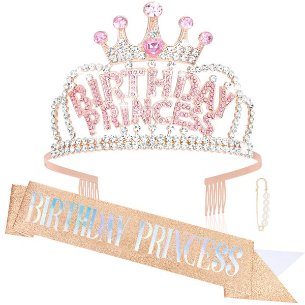 Wecoe Birthday Crown and Sash Women Girls Birthday Princess Crown Rose Gold Rhinestone Tiaras and Crowns Happy Birthday Party Favors Supplies 16th 18th 21st 25th Birthday Decorations Gift for Her