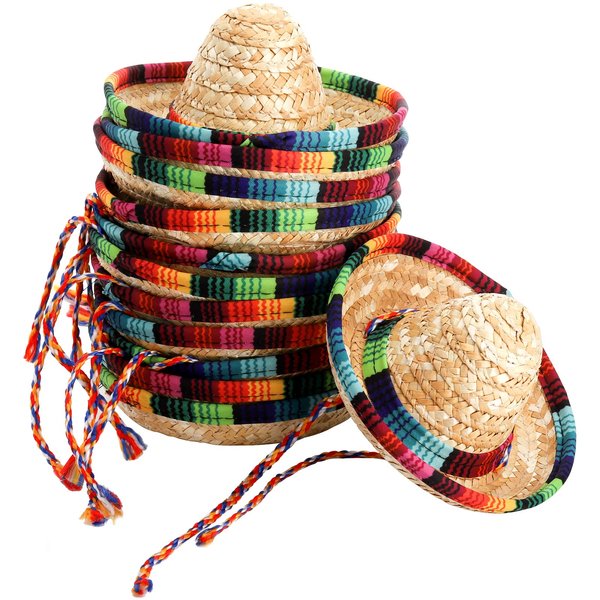 Frcctre 12 Pack Mini Mexican Hat Natural Straw Sombrero Party Hats, 5.5 Inch Carnival Mexican Birthday Cinco de Mayo Party Decoration Costume Hats for Kids Dolls Pets