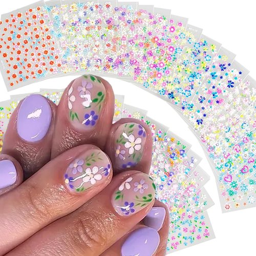 30 Sheets Colorful Flower Nail Art Stickers 3D Self-Adhesive Flower Nail Decals Flower Daisy Bow Stickers with Rhinestones Nail Designs for Women Manicure Tips