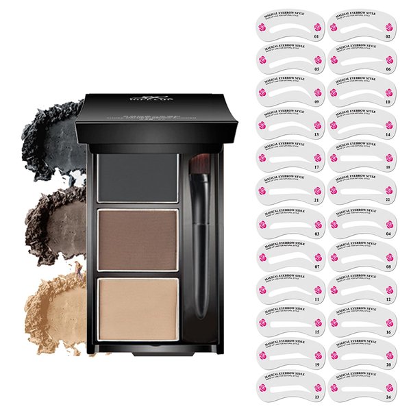 ZHISHUDL Eyebrow Stamp Stencil Kit Eye Brow Stencil Kit Brow Stamp Kit Long Lasting Waterproof Eyebrow Makeup Powder Kit with 24 Reusable Eyebrow Stencils - 03 Skin Color&Brown&Gray Black