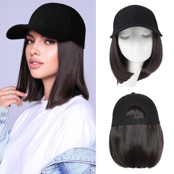 FORCUTEU Baseball Cap with Hair Extensions for Women Short Straight Bob Hairstyle Hat with Hair Attached Adjustable Baseball Cap Wig for Daily Use(Brown Black)