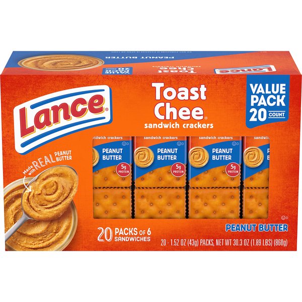 Lance Sandwich Crackers, ToastChee Peanut Butter, 20 Individually Wrapped Packs, 6 Sandwiches Each