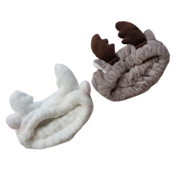 Jilukibo 2 Pack Animal Deer Antler Cat Ear Wash Headband, Soft Elastic Makeup Washing Face Hair Band, Soft Shower Facial Headwraps Hairlace for Women Girls Yoga Spa Mask (White, Brown)