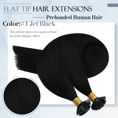 Sunny Black Flat Tips Hair Extensions Pre Bonded Flat Tip Hair Extensions Human Hair #1 Jet Black Hot Fusion Flat Tip Real Hair Extensions for Women 50g 18inch