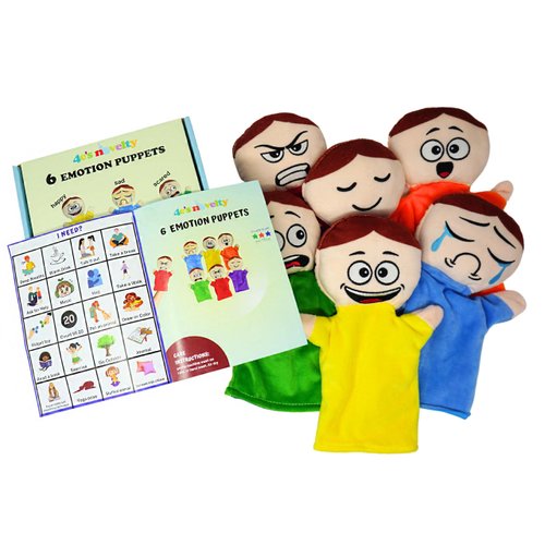 6 Pack Feeling Hand Puppets for Kids with 6 Emotions, with Moveable Arms, Soft Plush Hand Puppets for Toddlers, Early Education Toys, Social Emotional Learning Activities by 4E's Novelty