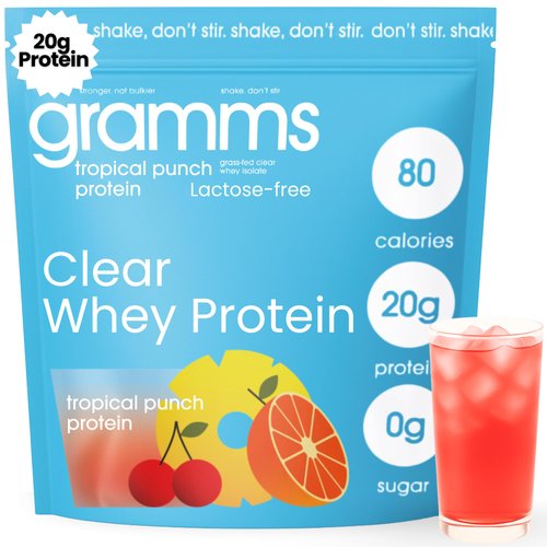 GRAMMS Clear Protein Powder, Tropical Punch | 20g Protein Grass-Fed Whey Isolate, Zero Sugar, Zero Lactose, Non-Bloating, Non-GMO, Protein for Women (18 Servings)