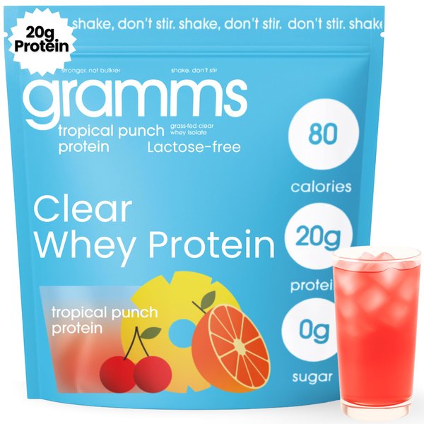 GRAMMS Clear Protein Powder, Tropical Punch | 20g Protein Grass-Fed Whey Isolate, Zero Sugar, Zero Lactose, Non-Bloating, Non-GMO, Protein for Women (18 Servings)