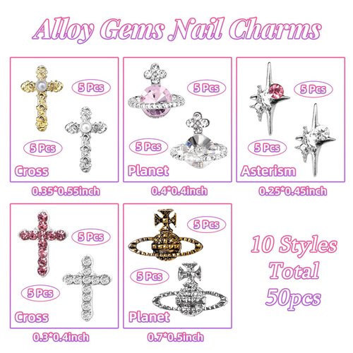 50Pcs 3D Silver Gold Planet Nail Charms Gems, Multi Styles Planet Saturn Cross Star Diamond Nail Gems Nail Jewelry Alloy Nail Rhinestones Charms for Nail Art DIY Jewel Accessories