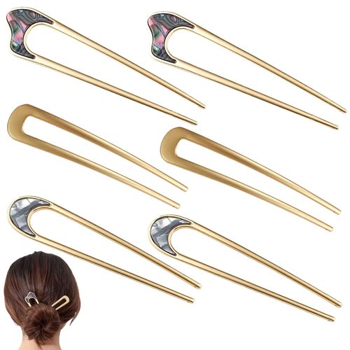 6 Pieces Metal U Shaped Hair Pins French Hairpin Vintage Forks Sticks Bobby Pin Kit for Updo Bun Women Girls Hairstyle Hair Accessories (Gold)