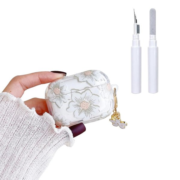 Faneiy for AirPods 4th Generation Case with Keychain+Cleaner Kit,Cute Clear Glitter Flower Floral Protective Earphone Cover,Soft Transparent TPU for AirPods 4 Case Women Girl-White