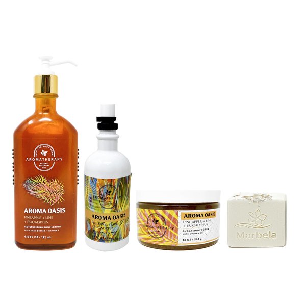 Bath & Body Works Aromatherapy Pineapple, Lime, Eucalyptus - Trio Gift Set - Body Lotion, Essential Oil Pillow Mist and Sugar Body Scrub With a Natural Oats Soap.