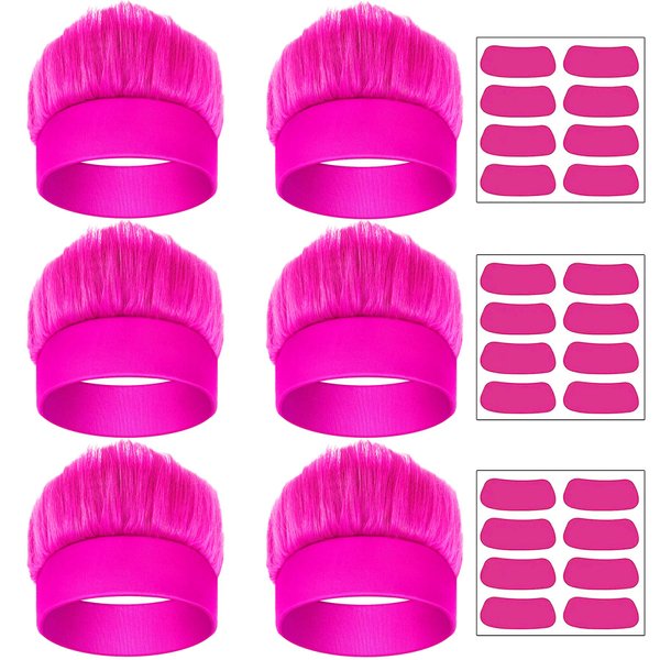 6 Pcs Hairy Costume Headband Crazy Trolls Flowy Hair Wig & Stickers, Halloween Spirit Day Themed Party Costume Accessory Sports Fans Cheering Headwear Supplies (Hot Pink)