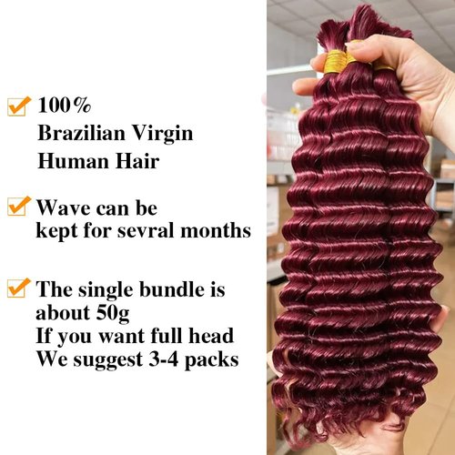 Burgundy Braiding Hair 100g Deep Wave 2 Bundle Bulk Human Hair for Braiding Deep Curly 100% Remy Human Hair Extensions for Boho Curly Wave Braids 99J Red Braiding Hair (99J, 22 Inch)