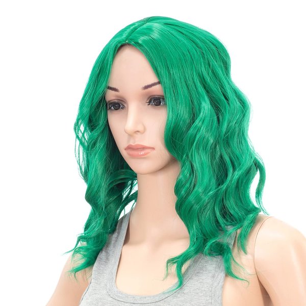 SWACC 15 Inch Short Curly Wavy Hair Wig Medium Length Synthetic Colorful Cosplay Daily Party Wig for Women with Wig Cap (St Patricks Green)