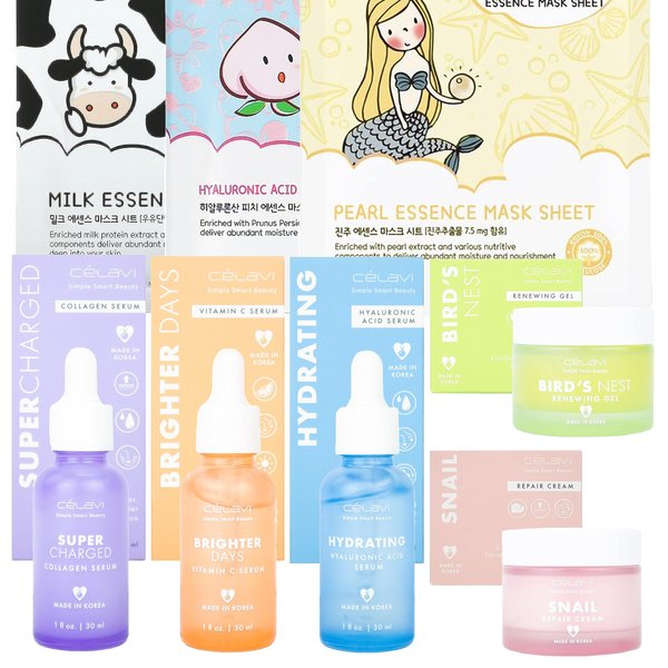 Glam Lux Bundle Korean Skincare Celavi Collection Vitamin C, Hyaluronic Acid, Bird’s Nest Skin Gel, Snail Mucin Essence Cream & Collagen Serum, Anti-Aging, Skin Brightening, Wrinkles & Face Masks