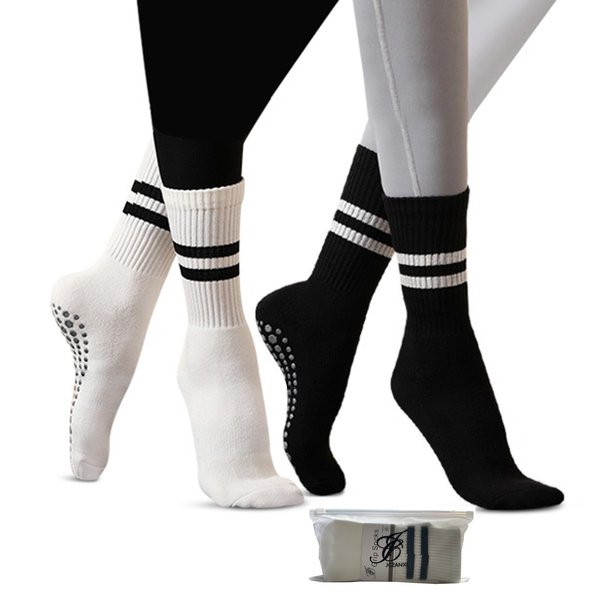 JCZANXI Yoga Socks with Grips for Women, Non Slip Grip Socks for Yoga, Pilates, Barre, Dance | Ideal Cushioned Crew Socks (Stripe Black/White)