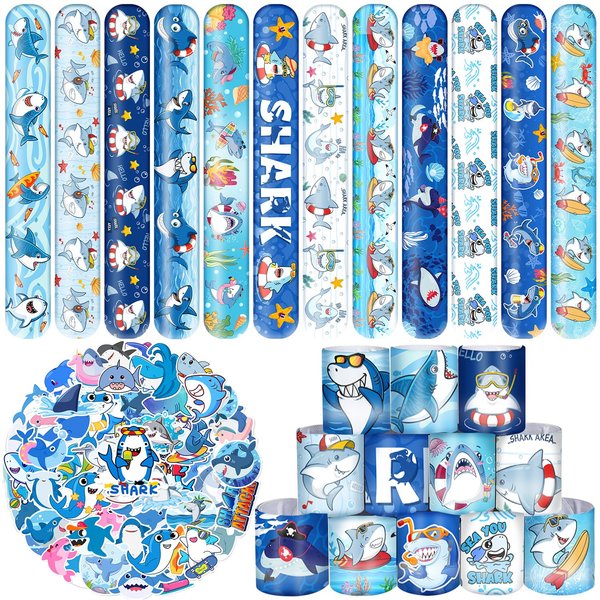 Lcnjscgo 74 PCS Shark Party Favors 24 Shark Slap Bracelets, 50 Shark Stickers Shark Birthday Party Decorations, Supplies, and Gifts for Kids, Classroom Rewards