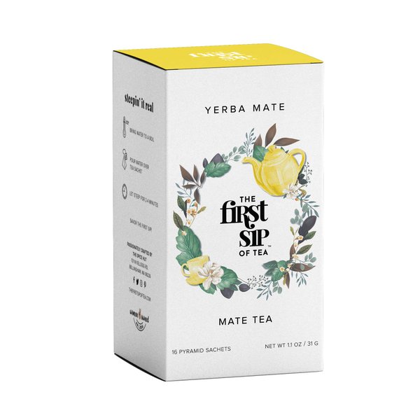 Pure Yerba Mate, Pyramid Sachet Tea Bags, Chlorogenic Acid Tea, Clean Energy Drink, High Caffeine, Unsmoked - 16 Cups | The Spice Hut First Sip of Tea
