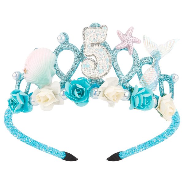 SuPoo 5th Birthday Girl Headband Mermaid Birthday Crown for Girls 5th Birthday Decorations for Girl Blue Small Hair Band Cute 5 Year Old Princess Tiara Birthday Party Decorations Accessory Gift