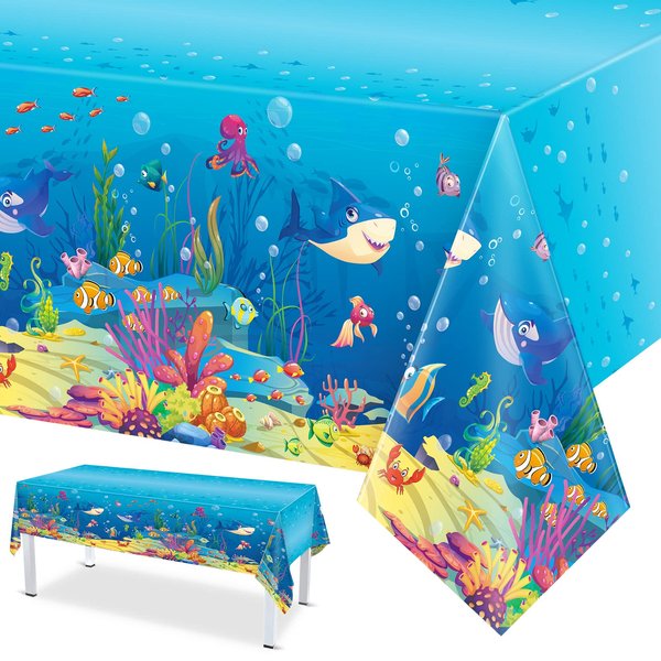 Under The Sea Tablecloths Ocean Waves Table Covers Ocean Animal Shark Table Clothes Underwater Plastic Table Covers for Fishing Beach Pool Birthday Party Decoration Supplies (3 Pcs)