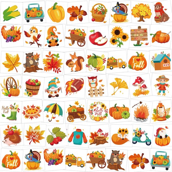 HOWAF 96 Pieces Fall Temporary Tattoos, 48 Styles Autumn Harvest Temporary Tattoos Stickers for Kids, Thanksgiving Fake Tattoos with turkeys, owls, squirrels, pumpkins, maple leaves design for Happy Fall Decoration