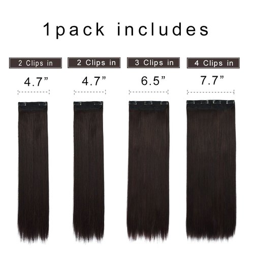 REECHO 24" Straight Long 4 PCS Set Thick Clip in on Hair Extensions Dark Brown with Little Reddish