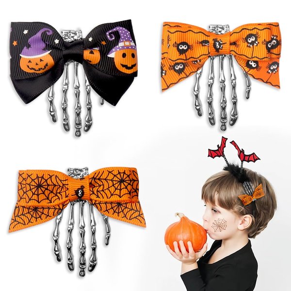 3PCS Halloween Hair Bows Clips Hand Bone Bowknot Hair Clips Spider Web Bats Grosgrain Ribbon Bows Boutique Hair Pins Accessories for Girls Women Halloween Party Costume Cosplay Accessories Supplies