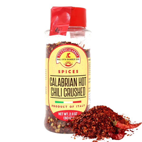 Calabrian Chili Flakes, Dried, Crushed Hot Chili Peppers, 60 g, 2.11 oz All Natural, Non-GMO, Product of Italy, TuttoCalabria