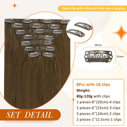 Full Shine Brown Clip in Human Hair Extensions Seamless Clip in Hair Extensions,Pu Weft Medium Brown Real Human Hair Clip in Extensions Straight Brazilian Hair 18 Inch 8 Pcs 120G