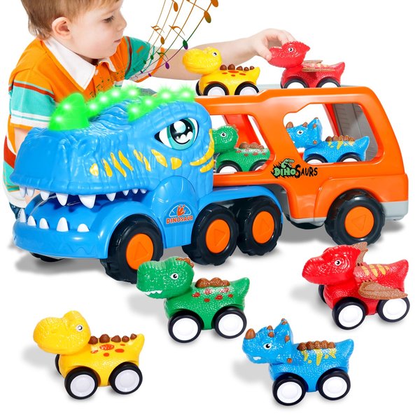 PNAEW Dinosaur Truck for Kids 1 2 3 4, 5-in-1 Dinosaur Transport Carrier Truck with Music & Flashing Lights & Dinosaur Roars, 4 Mini Dinosaur Car Vehicles Toddler Toys for Boys,Boy Girl Gifts Ages 1-5