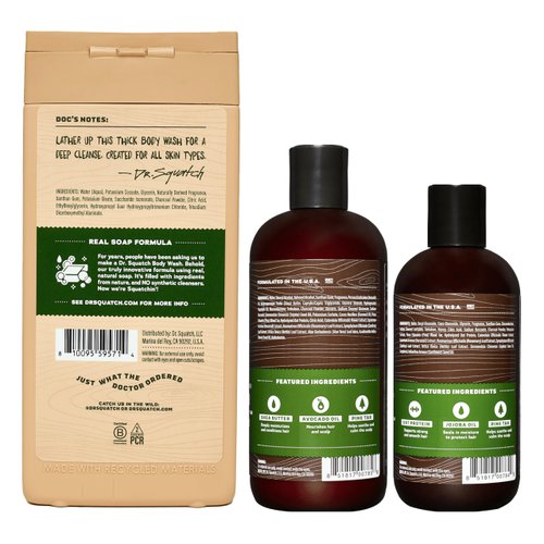 NEW Dr. Squatch Natural Body Wash and Hair Kit for Men Gift Set - Pine Tar - Exfoliating Body Wash (14 oz, 2 Pack) + Shampoo (8 oz) + Conditioner (11.5 oz)
