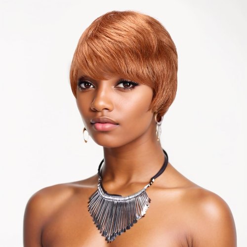 Melanin Manes Layered Pixie Cut Short Wig With Bangs Tapered Style 100% Brazilian Human Hair Honey Blonde 30 180% Density Glueless Machine Made With Razor Comb With Wig Cap Adjustable Cap