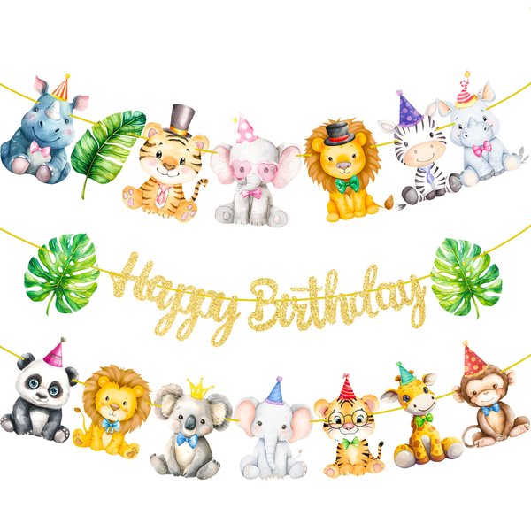 3pcs Safari Birthday Party Banners Safari Animal Party Gold Happy Birthday Banners Safari Theme Birthday Party Hanging Decoration for Jungle Birthday Party Forest Animal Theme Baby Shower Supplies