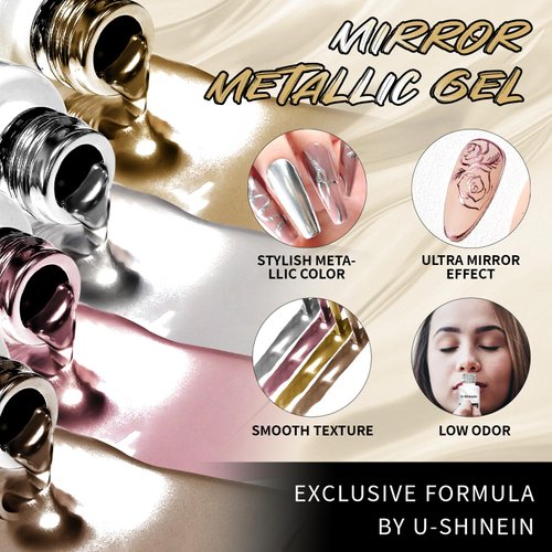 U-Shinein 4x12ml Metallic Mirror Painting Liner Gel Polish Set, Mirror Chrome Effect Painted Gel Nail Polish, Metal Drawing Striper Gel Build in Thin Brush Soak Off UV/LED Nail Art Manicure, Set C