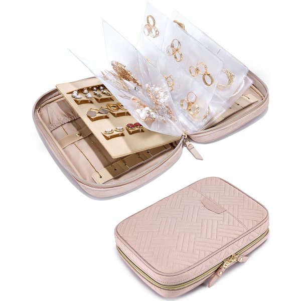 BAGSMART Jewelry Travel Organizer Case for Home Jewelry Organizer Storage Ring Binder Jewelry Bags Clear Jewelry Rolls Zipper Pouch Bag for Necklaces, Earrings, Rings, Bracelets, Pink