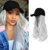 AynnQueen Baseball Cap with Hair Extensions for Women Adjustable Hat with Synthetic Wig Attached 24inch Long Wavy Hair Black Baseball Cap (Silver Gray)