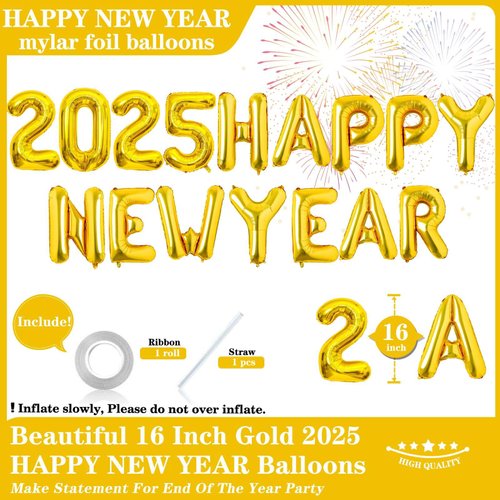 16 Inch Gold 2025 Happy New Year Balloons, Big 2025 Happy New Year Letter Balloons Foil Gold Balloons for 2025 Happy New Year Eve Celebration Decorations Party Supplies New Years 2025 Balloons Gold