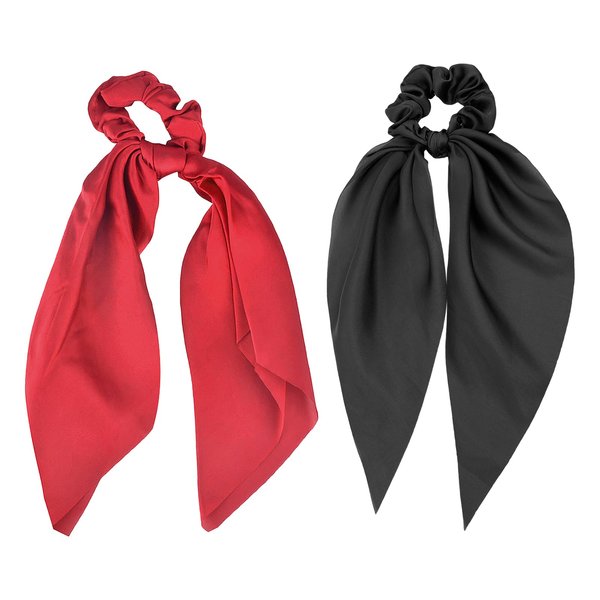 Hair Scarf Scrunchies for Women Knotted Bow Hair Ties - 2Pcs Red Black Hair Ribbon Satin Silk Elastic Hair Tie Bow Bands Ponytail Holder Red Hair Accessories for Women Girls
